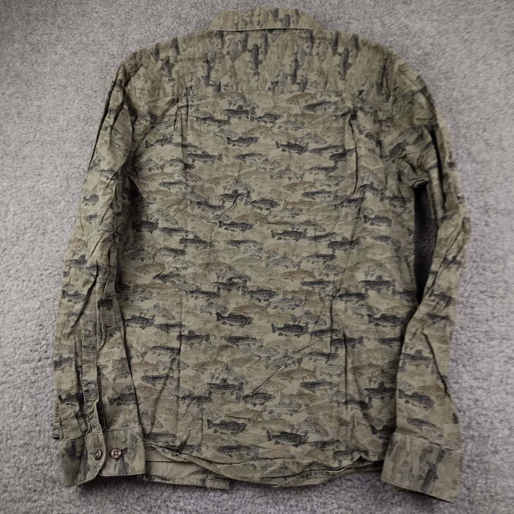 RVCA Shirt Mens Medium Horton Fish Trout Print Olive Green Button Up - Picture 7 of 7